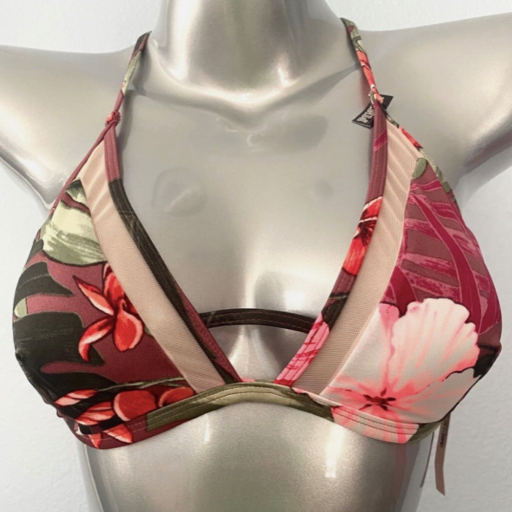 PINK Victorias Secret Venetian Red Floral Racerback Mesh Bikini Top Large L